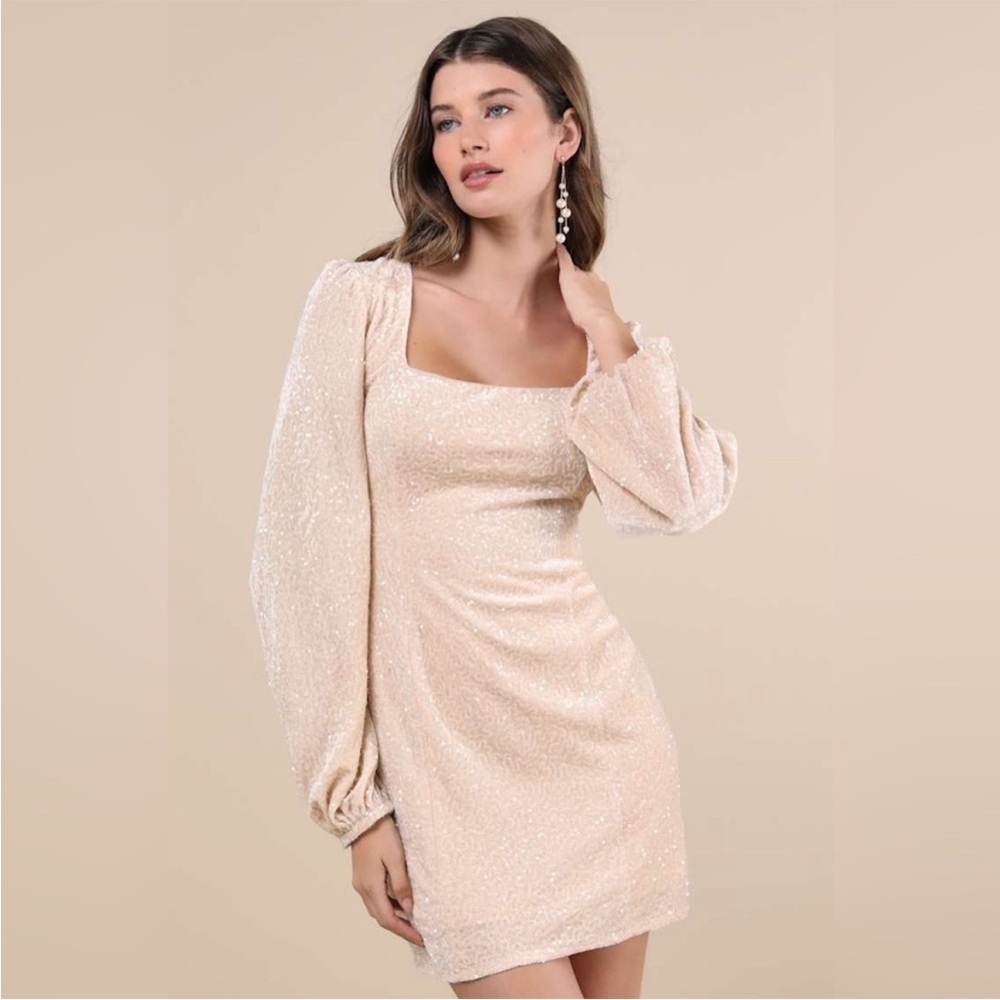 Lulu's Precise Radiance Velvet Sequin Cream Long Sleeve Dress